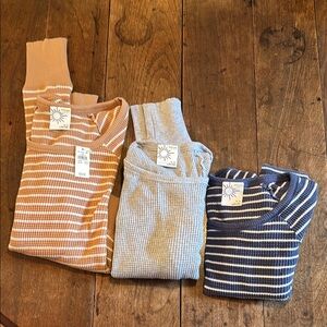 3 aerie Striped Long Sleeve cropped waffle Tops in Tan, Gray, and Blue